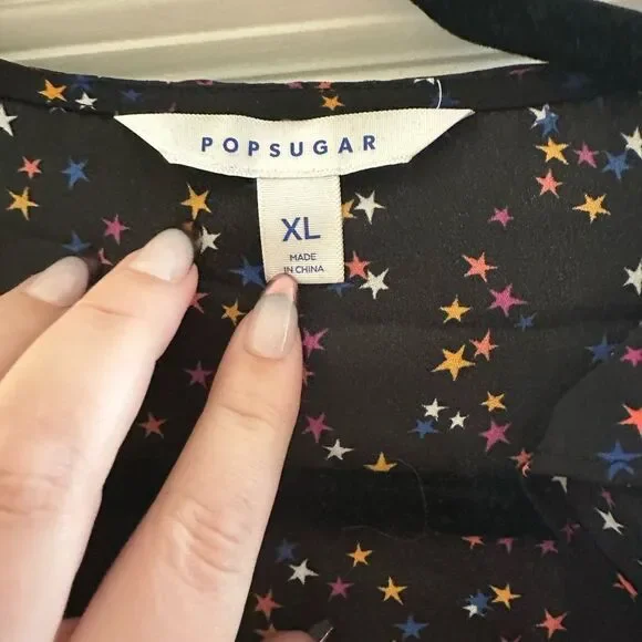 Popsugar Black Multi Stars Print Ruffle Long Sleeve Knee Length Wrap Dress XL - Picture 4 of 4